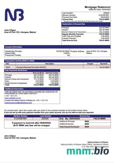 Malawi Bank Narodowy Malawi wyciąg z kredytu hipotecznego szablon Word i PDF